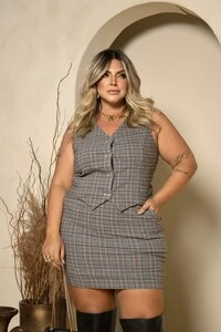 pre venda conjunto alfaiataria tweed xadrez colete e saia milan