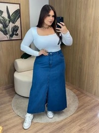 saia evase jeans midi fenda