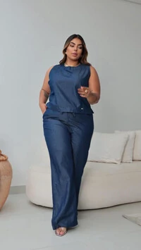 calca tencel jeans com elastico na cintura brunf
