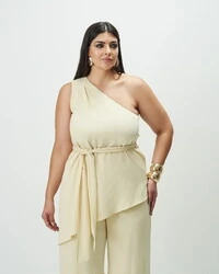 Conjunto calca reta+ blusa um ombro e faixa quebela