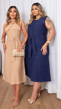 pre venda vestido classic com bolso e faixa viscose sarjado mila