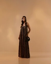 vestido longo regata estampa vertical forrado quebela