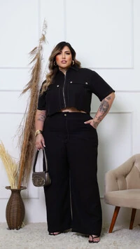 Conjunto alfaiataria marrant camisa cropped midi e calca reta eluar