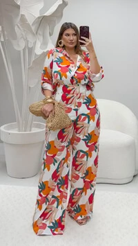 pre venda conjunto estampado camisa midi + calca pantalona rosami