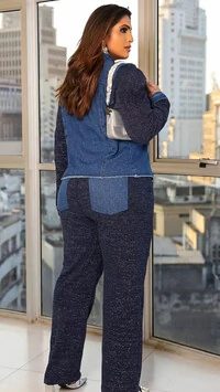 Calca com cos jeans e tricot com elastano katha