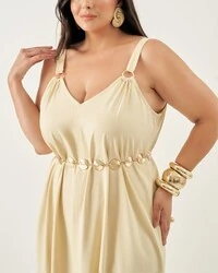 vestido longo com argolas quebela