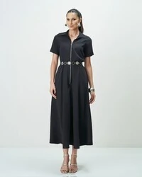 vestido evase com ziper frontal quebela