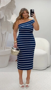 pre venda vestido um ombro malha stripes tellos
