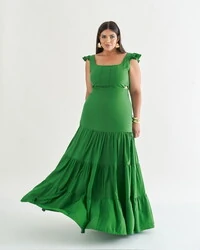 vestido longo com manga babado e cut out abaixo do busto quebela