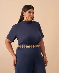 conjunto em malha com elastano blusa meia gola+ calca pantalona quebela