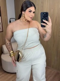 top tomara que caia jeans brunf