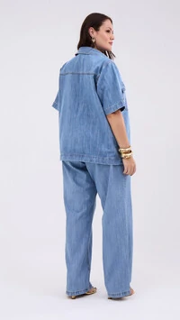 calca reta jeans feminina plus azul claro izzat