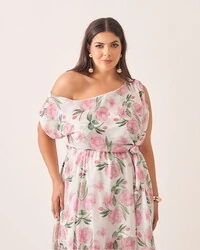 Vestido longo crepe ggt floral assimetrico kayla