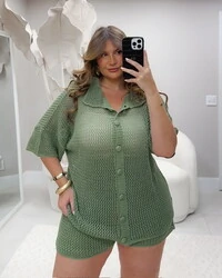 conjunto camisa com botao encapado e shorts liso tricot riviera planet