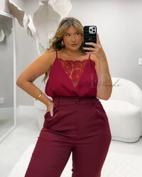 regata dupla em crepe com renda no decote hotpink