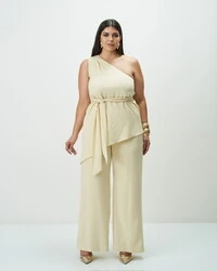 Conjunto calca reta+ blusa um ombro e faixa quebela