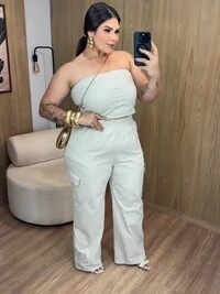 top tomara que caia jeans brunf