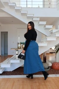 saia evase jeans midi fenda