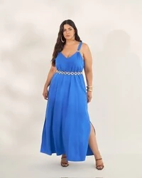 vestido longo com argolas quebela