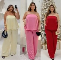 conjunto calca e blusa tomara que caia em crepe chiffon hotpink