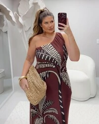 Pre venda vestido um ombro estampado duas