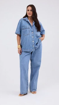 calca reta jeans feminina plus azul claro izzat