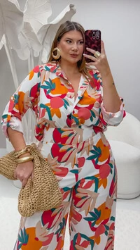 pre venda conjunto estampado camisa midi + calca pantalona rosami