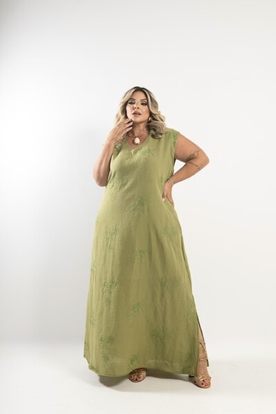 Fotopre venda vestido longo linho bordado alvorada milan