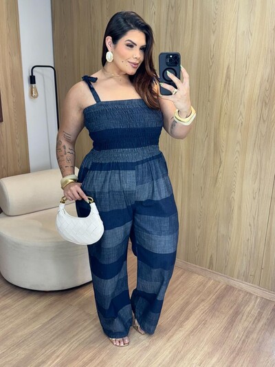 Foto macacao mix de lavagens em jeans liocel com elastex brunf