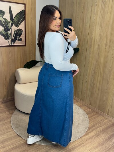 Fotosaia evase jeans midi fenda