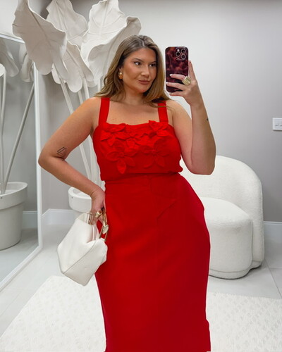 Fotopre venda conjunto saia lapis midi e cropped flor origami bellah