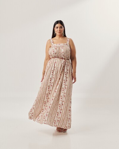 Foto vestido longo regata estampa vertical forrado quebela