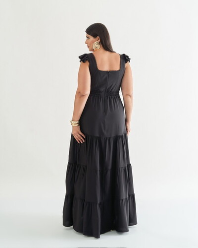 Fotovestido longo com manga babado e cut out abaixo do busto quebela