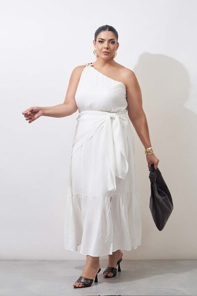 Foto vestido um ombro midi com fivela organica kayla