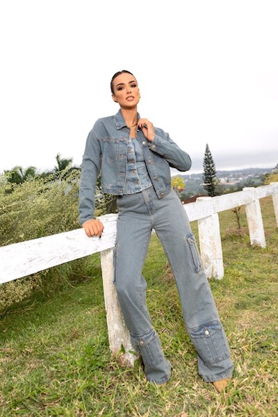 Fotopre venda jaqueta jeans classica midi denim divas