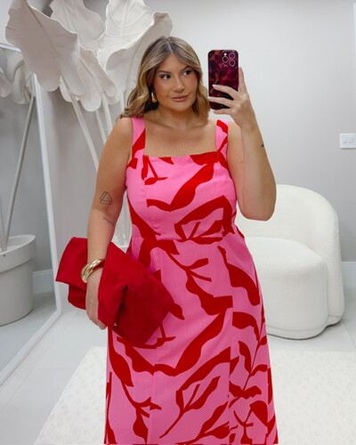 Fotopre venda vestido midi estampado pink e vermelho rosamili