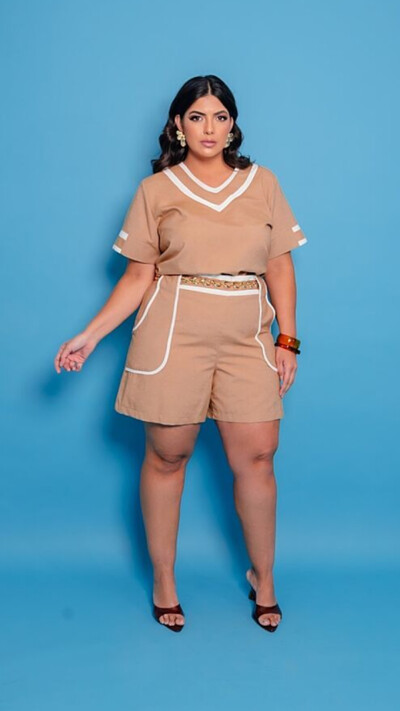 Foto conjunto em algodao shorts e blusa com detalhe contraste predil