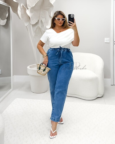 Foto calca mom marmorizada cordao jeans