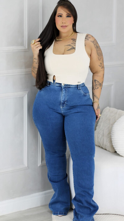 Foto calca flare jeans com elastano f