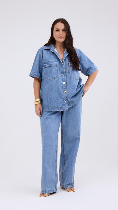 Fotocalca reta jeans feminina plus azul claro izzat