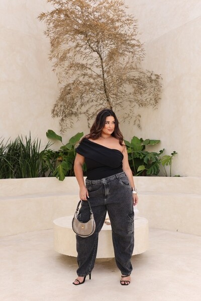 Foto calca jeans barrel black extonada cargo style