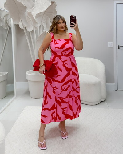 Foto pre venda vestido midi estampado pink e vermelho rosamili