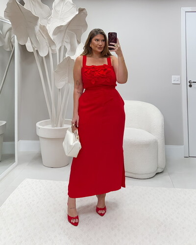 Foto pre venda conjunto saia lapis midi e cropped flor origami bellah