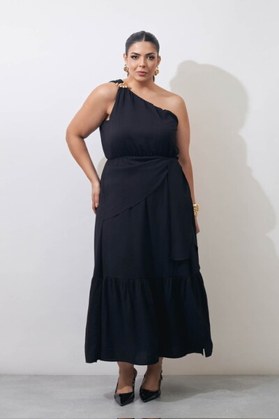 Foto vestido um ombro midi com fivela organica kayla