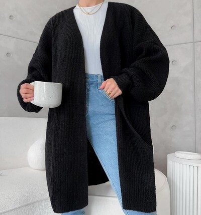 Foto cardigan alongado manga bufante tricot mousse planet