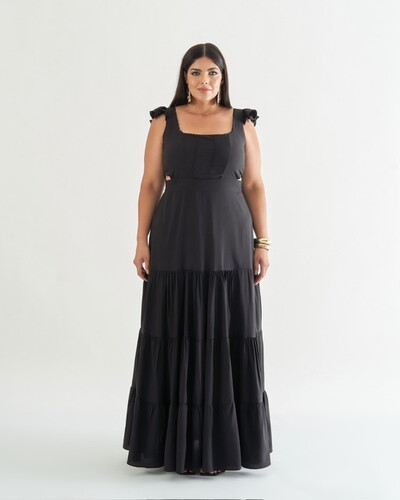 Foto vestido longo com manga babado e cut out abaixo do busto quebela