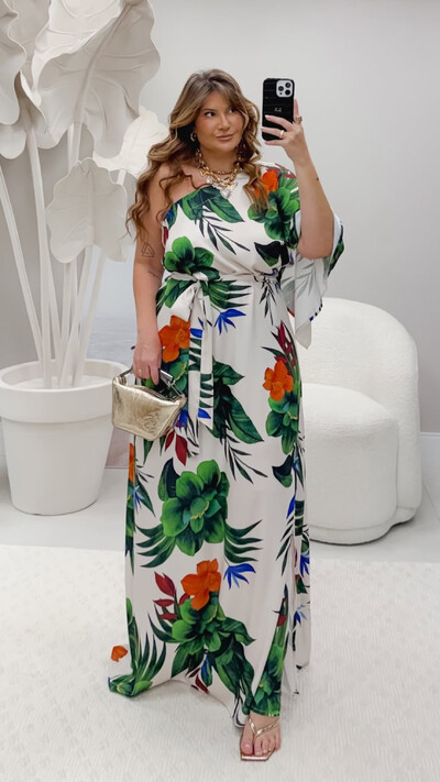 Foto vestido longo um ombro grecia estampado lore