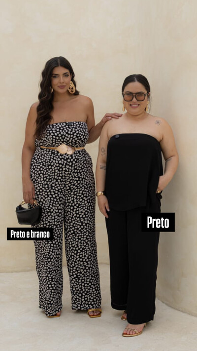 Foto conjunto poa calca e blusa tomara que caia em crepe chiffon hotpink