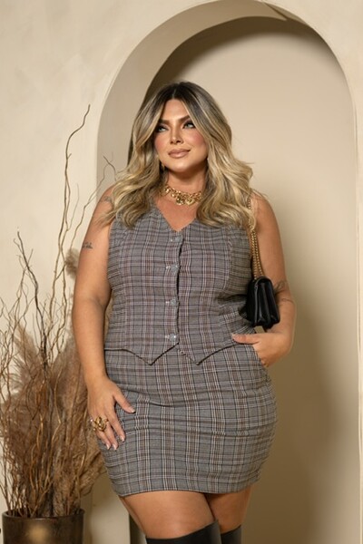 Fotopre venda conjunto alfaiataria tweed xadrez colete e saia milan
