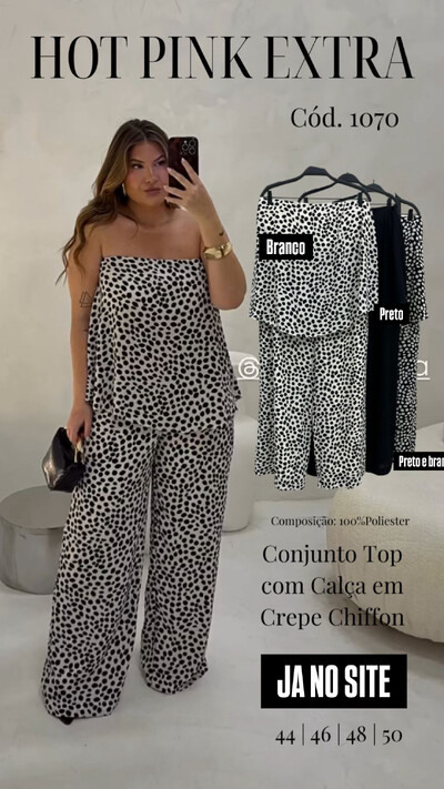 Foto conjunto poa calca e blusa tomara que caia em crepe chiffon hotpink